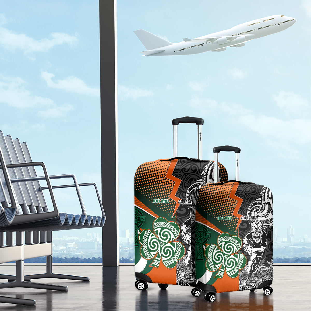 New Zealand and Ireland Rugby Luggage Cover Silver Fern With Shamrock 2023 World Cup LT01 - Polynesian Pride