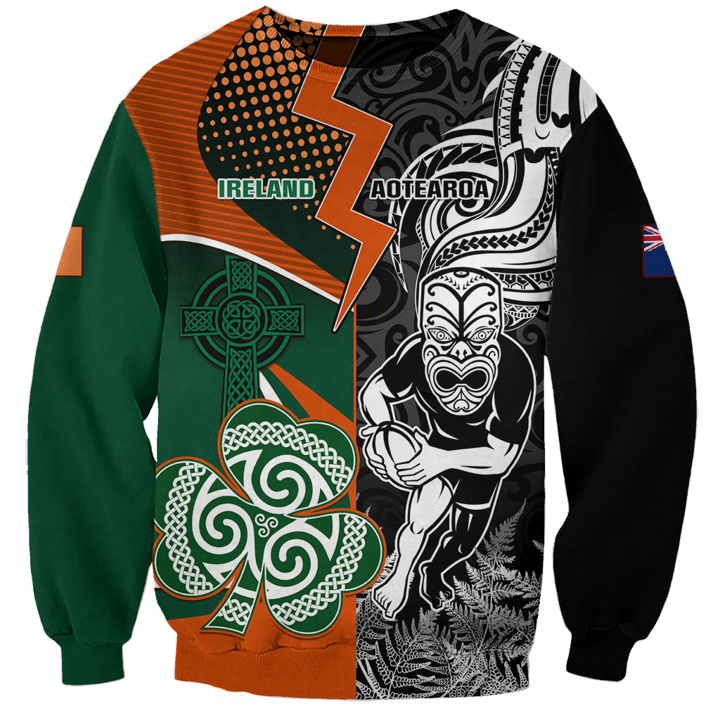 New Zealand and Ireland Rugby Sweatshirt Silver Fern With Shamrock 2023 World Cup LT01 Unisex Art - Polynesian Pride