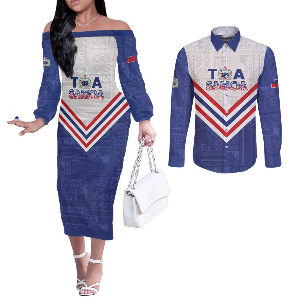 Custom Toa Samoa Rugby Couples Matching Off The Shoulder Long Sleeve Dress and Long Sleeve Button Shirt 1992-1993 Special Edition - Polynesian Pride