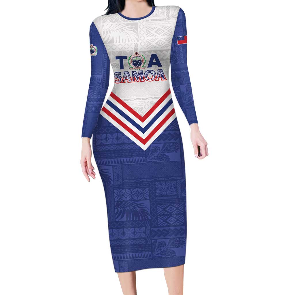Custom Toa Samoa Rugby Family Matching Long Sleeve Bodycon Dress and Hawaiian Shirt 1992-1993 Special Edition LT01 Mom's Dress Blue - Polynesian Pride