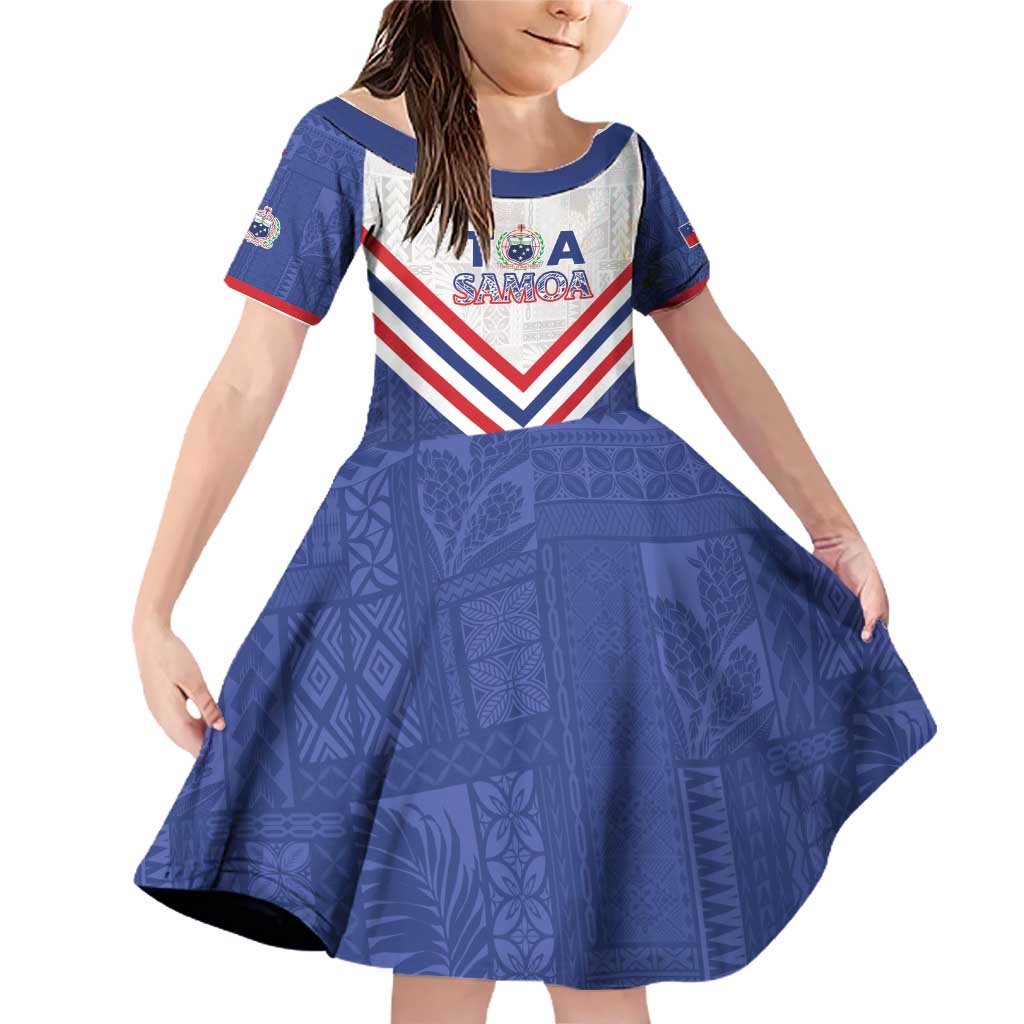 Custom Toa Samoa Rugby Family Matching Off Shoulder Short Dress and Hawaiian Shirt 1992-1993 Special Edition LT01 Daughter's Dress Blue - Polynesian Pride