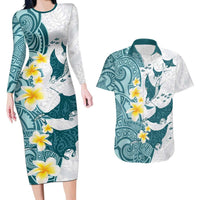 Maori Manta Ray Plumeria Teal Couples Matching Long Sleeve Bodycon Dress and Hawaiian Shirt LT01 Teal - Polynesian Pride