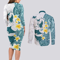 Maori Manta Ray Plumeria Teal Couples Matching Long Sleeve Bodycon Dress and Long Sleeve Button Shirt LT01 - Polynesian Pride