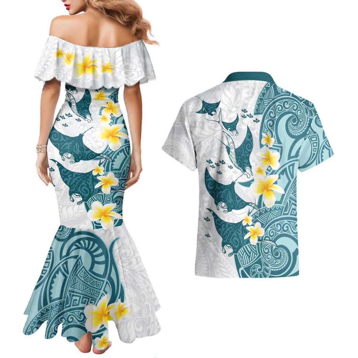 Maori Manta Ray Plumeria Teal Couples Matching Mermaid Dress and Hawaiian Shirt LT01 - Polynesian Pride