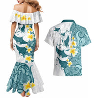 Maori Manta Ray Plumeria Teal Couples Matching Mermaid Dress and Hawaiian Shirt LT01 - Polynesian Pride