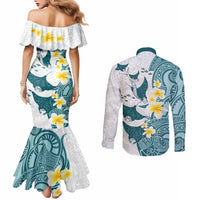 Maori Manta Ray Plumeria Teal Couples Matching Mermaid Dress and Long Sleeve Button Shirt LT01 - Polynesian Pride