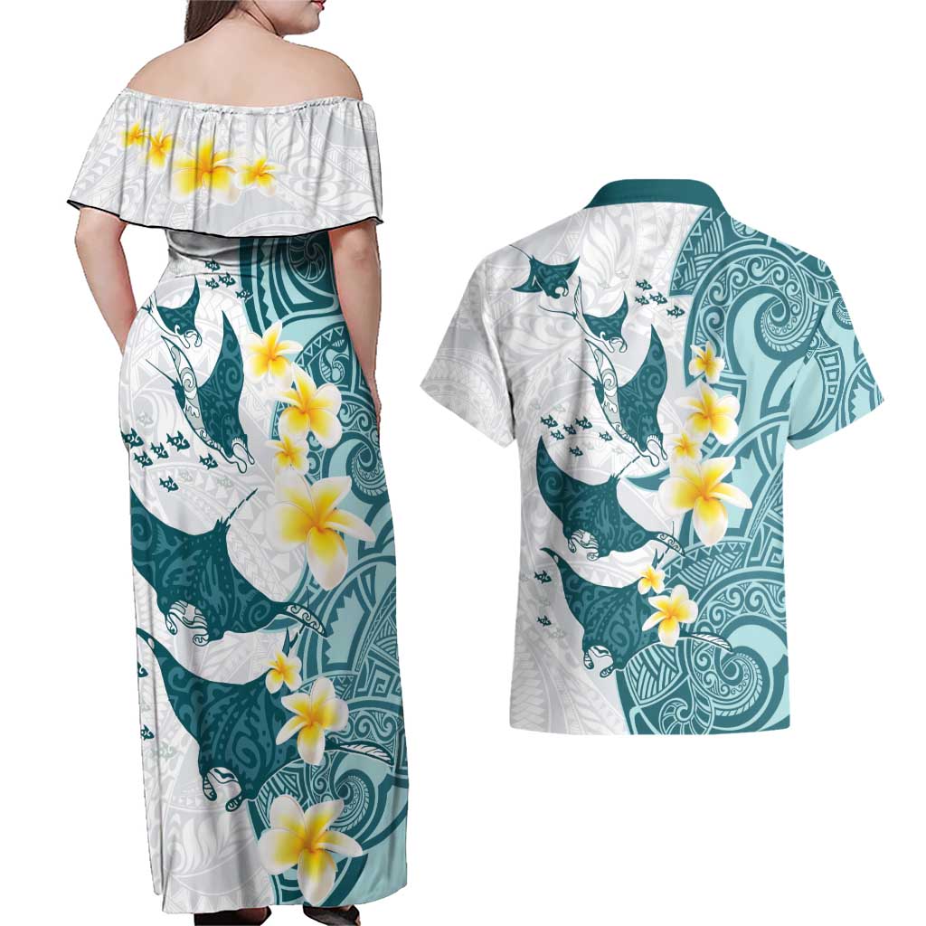 Maori Manta Ray Plumeria Teal Couples Matching Off Shoulder Maxi Dress and Hawaiian Shirt LT01 - Polynesian Pride
