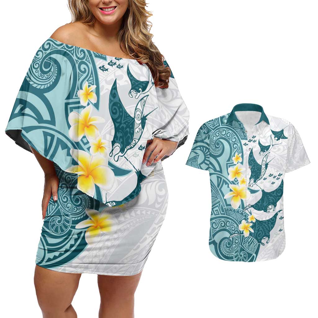 Maori Manta Ray Plumeria Teal Couples Matching Off Shoulder Short Dress and Hawaiian Shirt LT01 Teal - Polynesian Pride