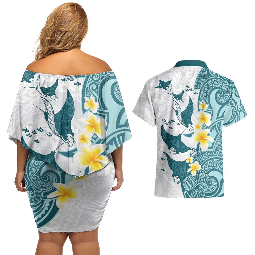 Maori Manta Ray Plumeria Teal Couples Matching Off Shoulder Short Dress and Hawaiian Shirt LT01 - Polynesian Pride