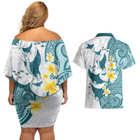 Maori Manta Ray Plumeria Teal Couples Matching Off Shoulder Short Dress and Hawaiian Shirt LT01 - Polynesian Pride