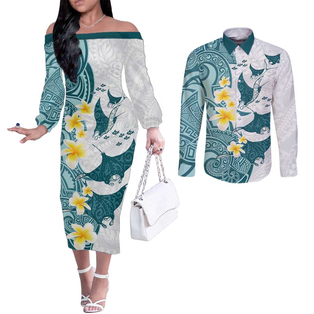 Maori Manta Ray Plumeria Teal Couples Matching Off The Shoulder Long Sleeve Dress and Long Sleeve Button Shirt LT01 Teal - Polynesian Pride