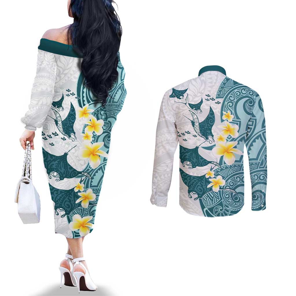 Maori Manta Ray Plumeria Teal Couples Matching Off The Shoulder Long Sleeve Dress and Long Sleeve Button Shirt LT01 - Polynesian Pride