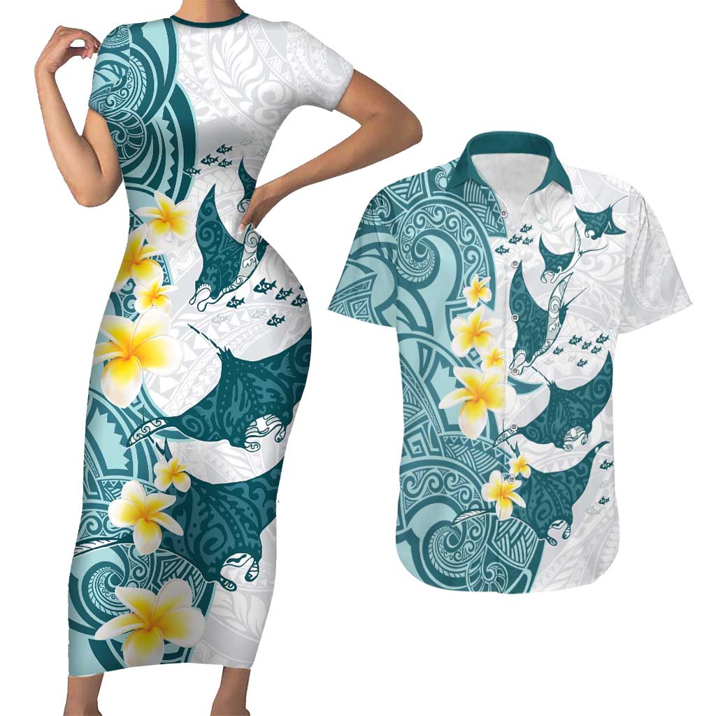 Maori Manta Ray Plumeria Teal Couples Matching Short Sleeve Bodycon Dress and Hawaiian Shirt LT01 Teal - Polynesian Pride
