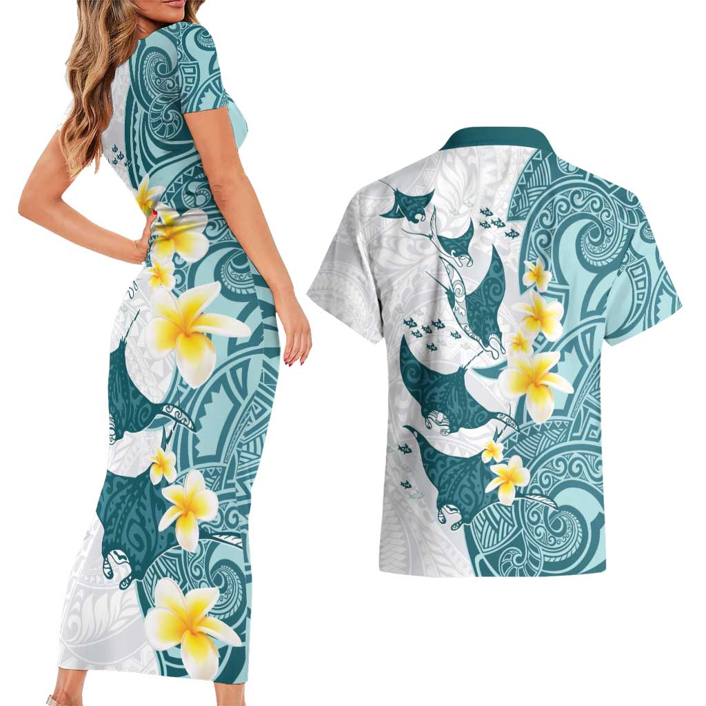 Maori Manta Ray Plumeria Teal Couples Matching Short Sleeve Bodycon Dress and Hawaiian Shirt LT01 - Polynesian Pride