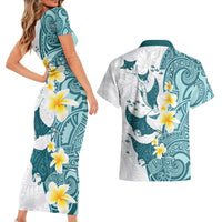Maori Manta Ray Plumeria Teal Couples Matching Short Sleeve Bodycon Dress and Hawaiian Shirt LT01 - Polynesian Pride
