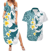 Maori Manta Ray Plumeria Teal Couples Matching Summer Maxi Dress and Hawaiian Shirt LT01 Teal - Polynesian Pride