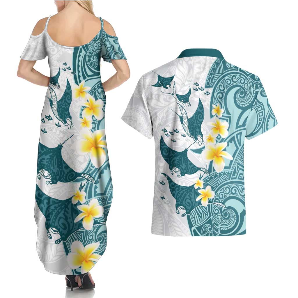 Maori Manta Ray Plumeria Teal Couples Matching Summer Maxi Dress and Hawaiian Shirt LT01 - Polynesian Pride