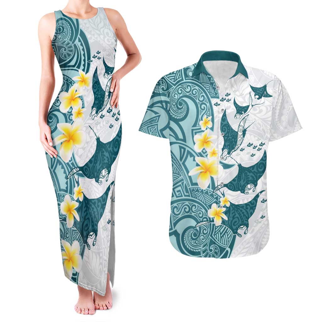 Maori Manta Ray Plumeria Teal Couples Matching Tank Maxi Dress and Hawaiian Shirt LT01 Teal - Polynesian Pride
