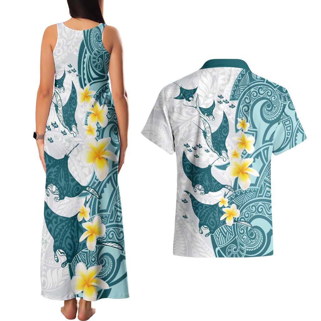 Maori Manta Ray Plumeria Teal Couples Matching Tank Maxi Dress and Hawaiian Shirt LT01 - Polynesian Pride