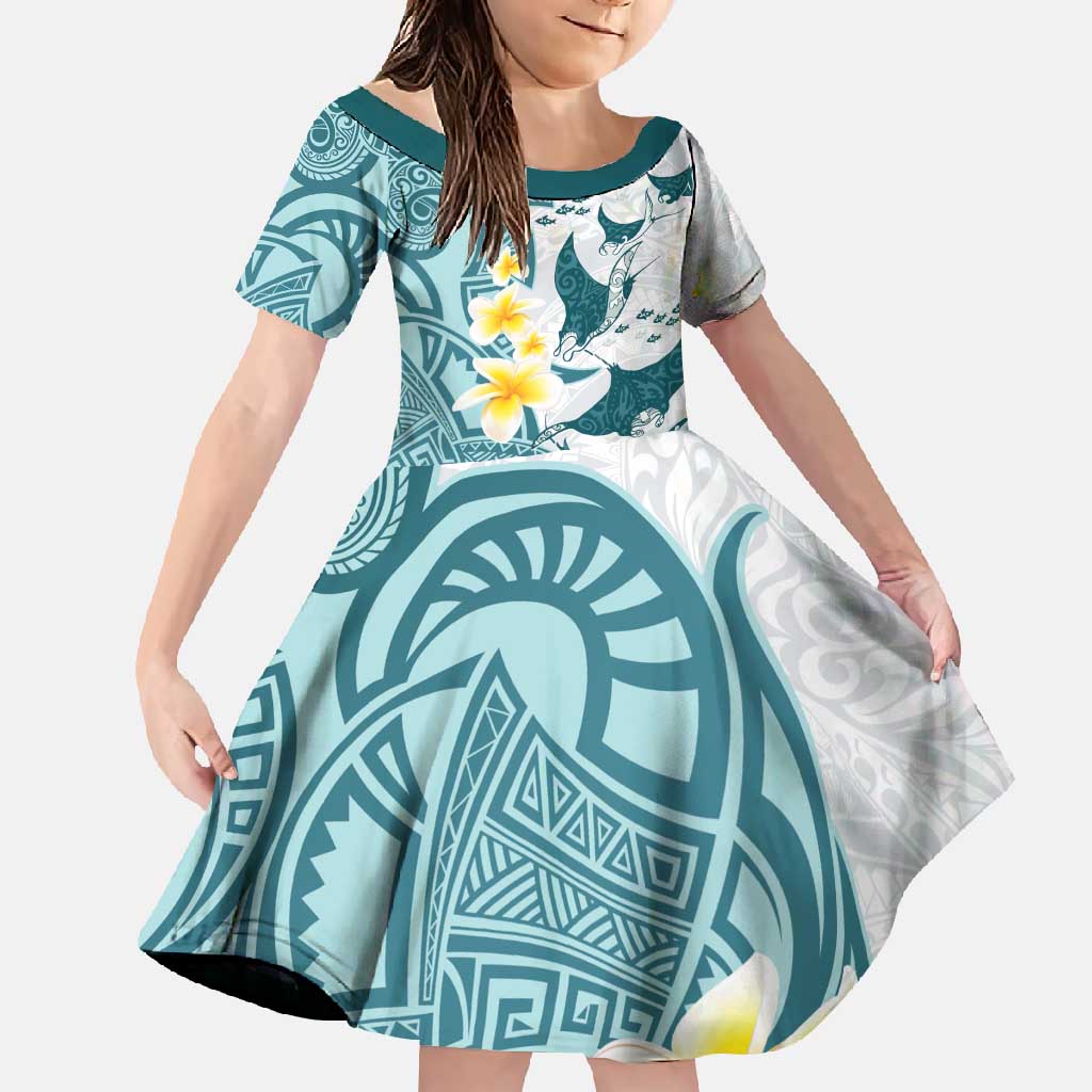 Maori Manta Ray Plumeria Teal Family Matching Long Sleeve Bodycon Dress and Hawaiian Shirt LT01 Daughter's Dress Teal - Polynesian Pride