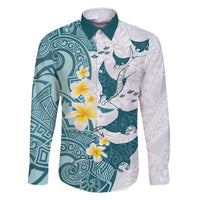 Maori Manta Ray Plumeria Teal Family Matching Long Sleeve Bodycon Dress and Hawaiian Shirt LT01 Dad's Shirt - Long Sleeve Teal - Polynesian Pride