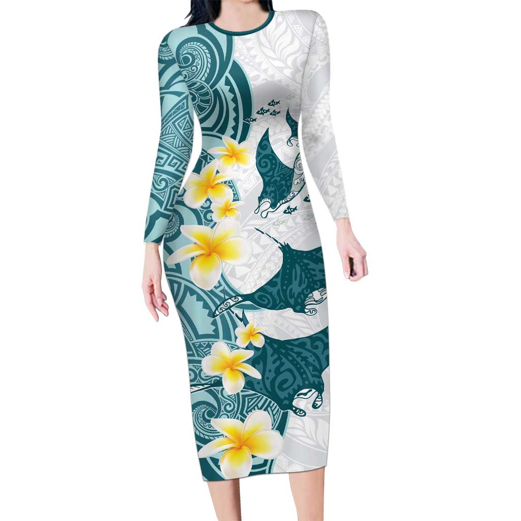 Maori Manta Ray Plumeria Teal Family Matching Long Sleeve Bodycon Dress and Hawaiian Shirt LT01 Mom's Dress Teal - Polynesian Pride