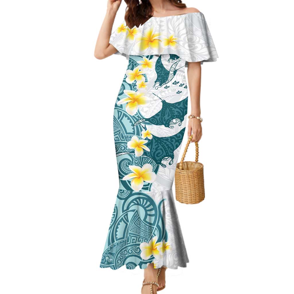 Maori Manta Ray Plumeria Teal Family Matching Mermaid Dress and Hawaiian Shirt LT01 Mom's Dress Teal - Polynesian Pride