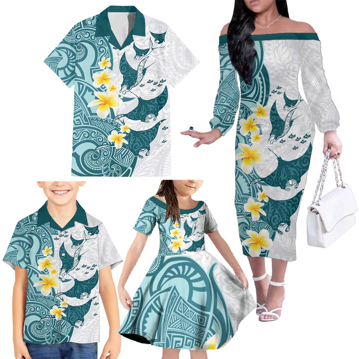 Maori Manta Ray Plumeria Teal Family Matching Off The Shoulder Long Sleeve Dress and Hawaiian Shirt LT01 - Polynesian Pride
