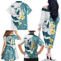 Maori Manta Ray Plumeria Teal Family Matching Off The Shoulder Long Sleeve Dress and Hawaiian Shirt LT01 - Polynesian Pride