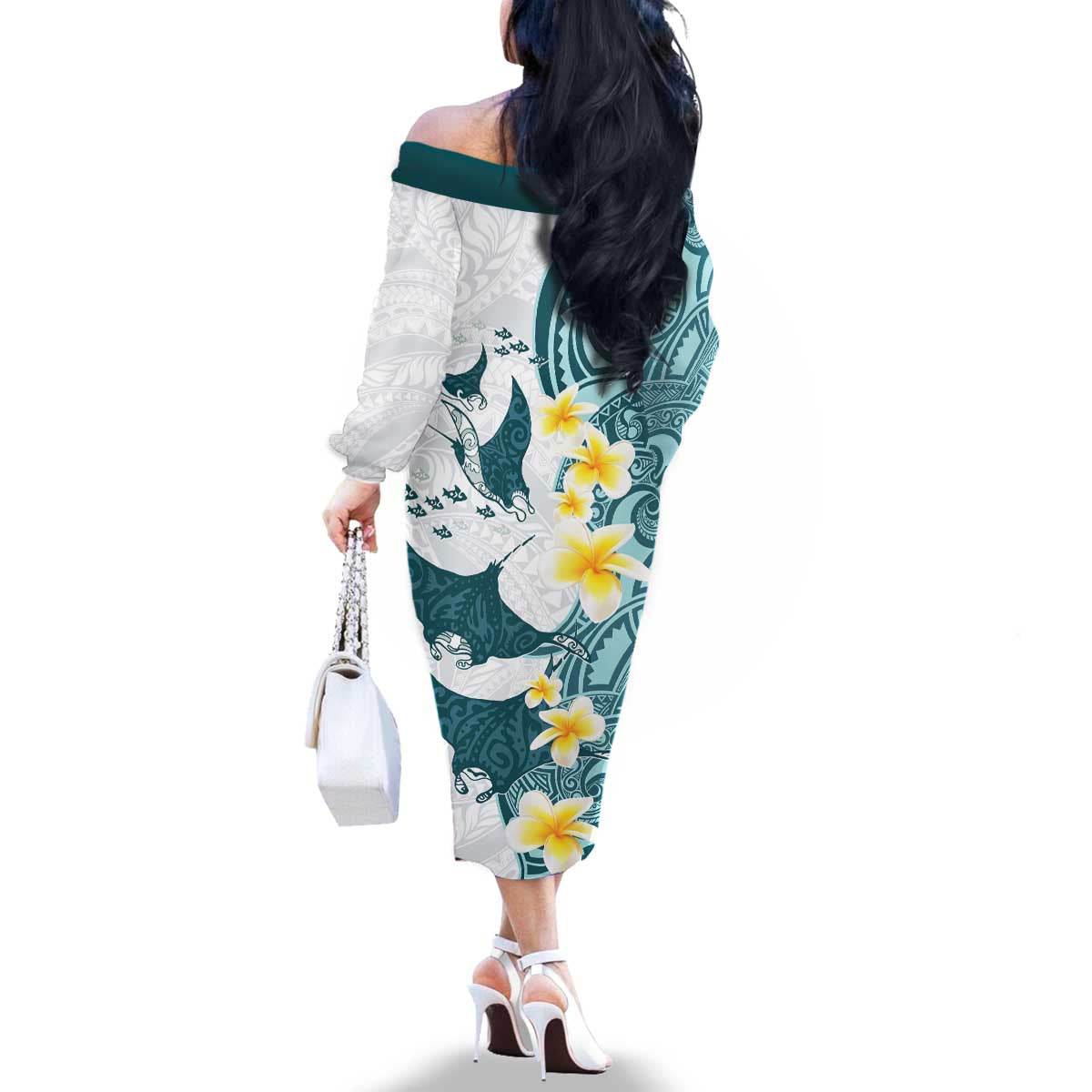 Maori Manta Ray Plumeria Teal Family Matching Off The Shoulder Long Sleeve Dress and Hawaiian Shirt LT01 - Polynesian Pride
