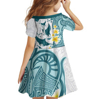 Maori Manta Ray Plumeria Teal Family Matching Off Shoulder Short Dress and Hawaiian Shirt LT01 - Polynesian Pride