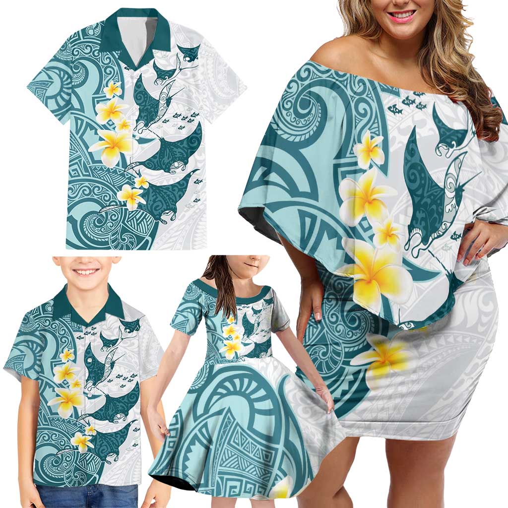 Maori Manta Ray Plumeria Teal Family Matching Off Shoulder Short Dress and Hawaiian Shirt LT01 - Polynesian Pride