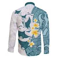 Maori Manta Ray Plumeria Teal Family Matching Off Shoulder Short Dress and Hawaiian Shirt LT01 - Polynesian Pride