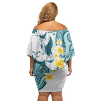 Maori Manta Ray Plumeria Teal Family Matching Off Shoulder Short Dress and Hawaiian Shirt LT01 - Polynesian Pride