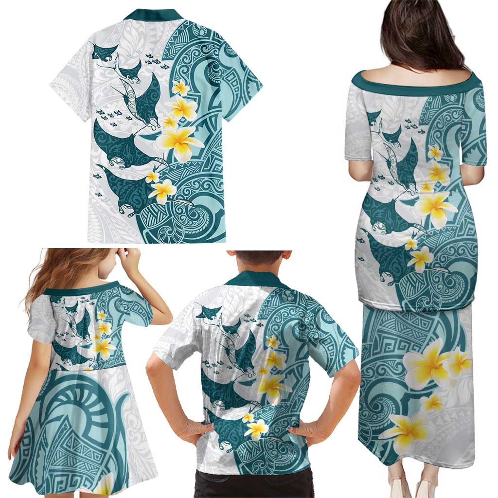 Maori Manta Ray Plumeria Teal Family Matching Puletasi and Hawaiian Shirt LT01 - Polynesian Pride