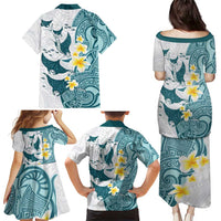 Maori Manta Ray Plumeria Teal Family Matching Puletasi and Hawaiian Shirt LT01 - Polynesian Pride