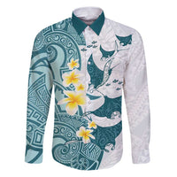 Maori Manta Ray Plumeria Teal Family Matching Puletasi and Hawaiian Shirt LT01 Dad's Shirt - Long Sleeve Teal - Polynesian Pride