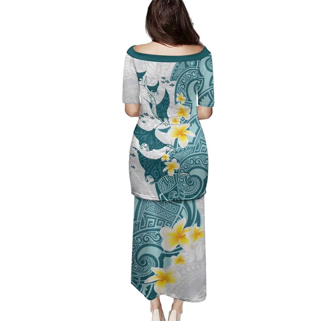 Maori Manta Ray Plumeria Teal Family Matching Puletasi and Hawaiian Shirt LT01 - Polynesian Pride