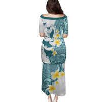 Maori Manta Ray Plumeria Teal Family Matching Puletasi and Hawaiian Shirt LT01 - Polynesian Pride