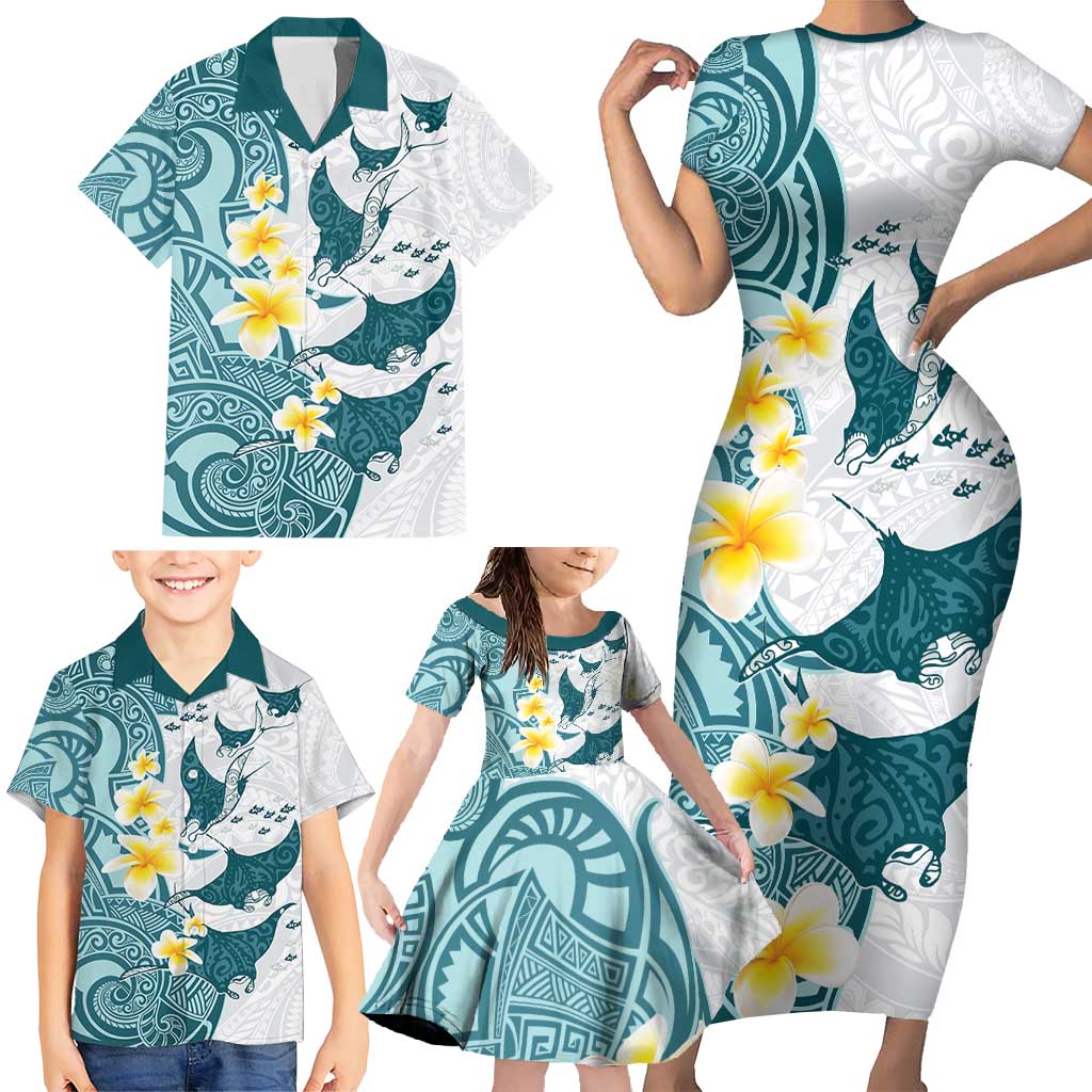 Maori Manta Ray Plumeria Teal Family Matching Short Sleeve Bodycon Dress and Hawaiian Shirt LT01 - Polynesian Pride