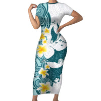 Maori Manta Ray Plumeria Teal Family Matching Short Sleeve Bodycon Dress and Hawaiian Shirt LT01 Mom's Dress Teal - Polynesian Pride