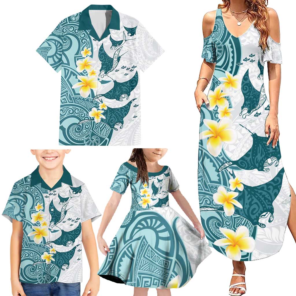 Maori Manta Ray Plumeria Teal Family Matching Summer Maxi Dress and Hawaiian Shirt LT01 - Polynesian Pride