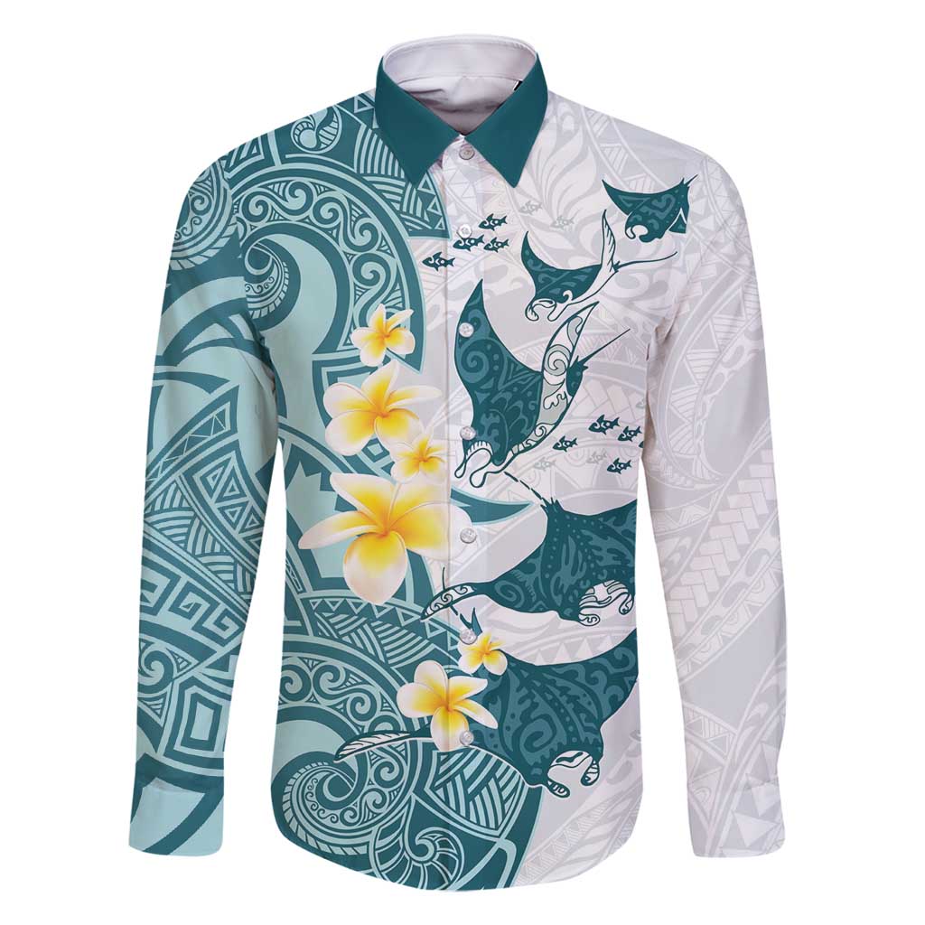Maori Manta Ray Plumeria Teal Family Matching Summer Maxi Dress and Hawaiian Shirt LT01 Dad's Shirt - Long Sleeve Teal - Polynesian Pride