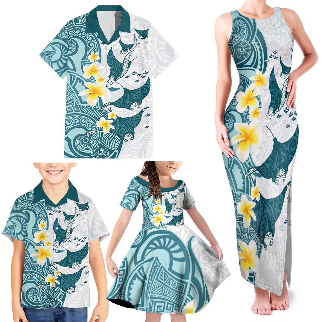 Maori Manta Ray Plumeria Teal Family Matching Tank Maxi Dress and Hawaiian Shirt LT01 - Polynesian Pride