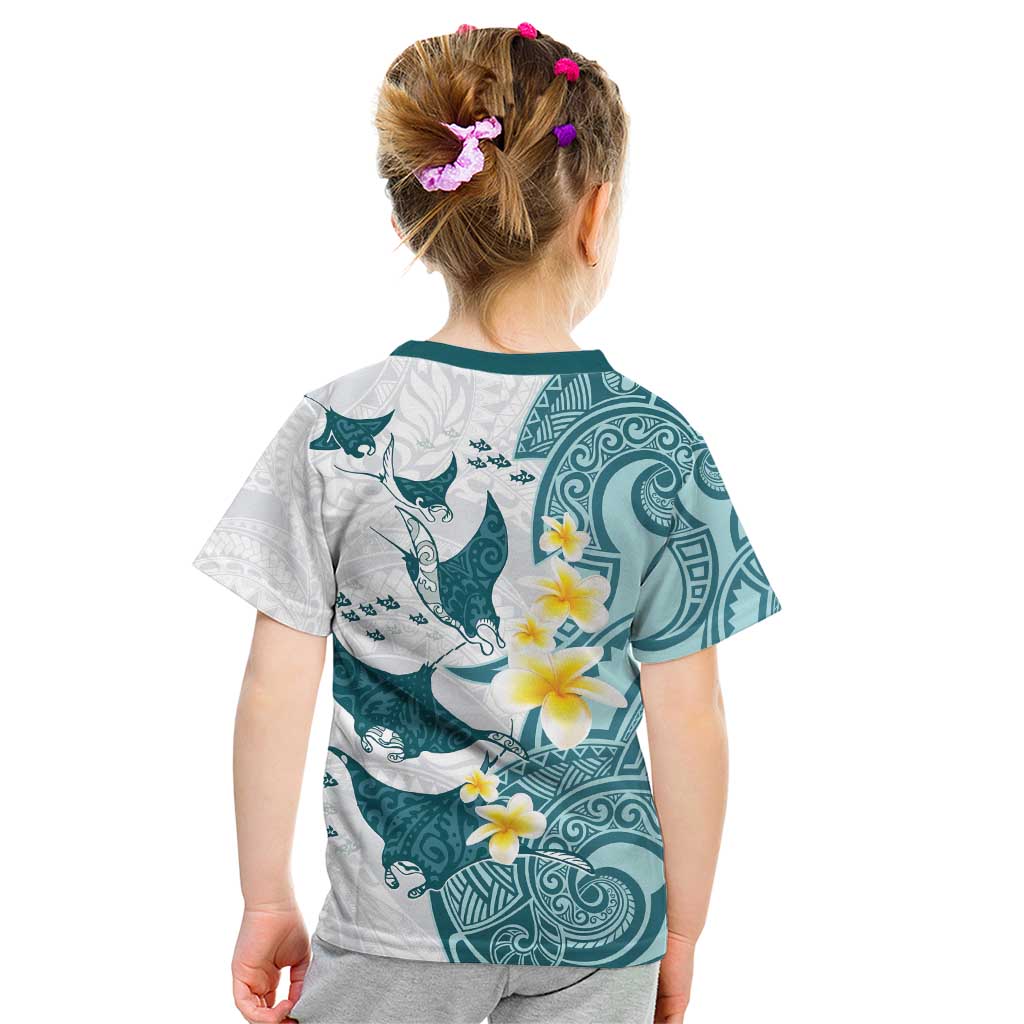 Maori Manta Ray Plumeria Teal Kid T Shirt LT01 - Polynesian Pride