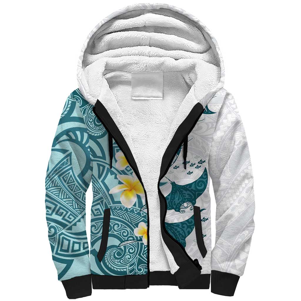Maori Manta Ray Plumeria Teal Sherpa Hoodie LT01 Unisex Teal - Polynesian Pride