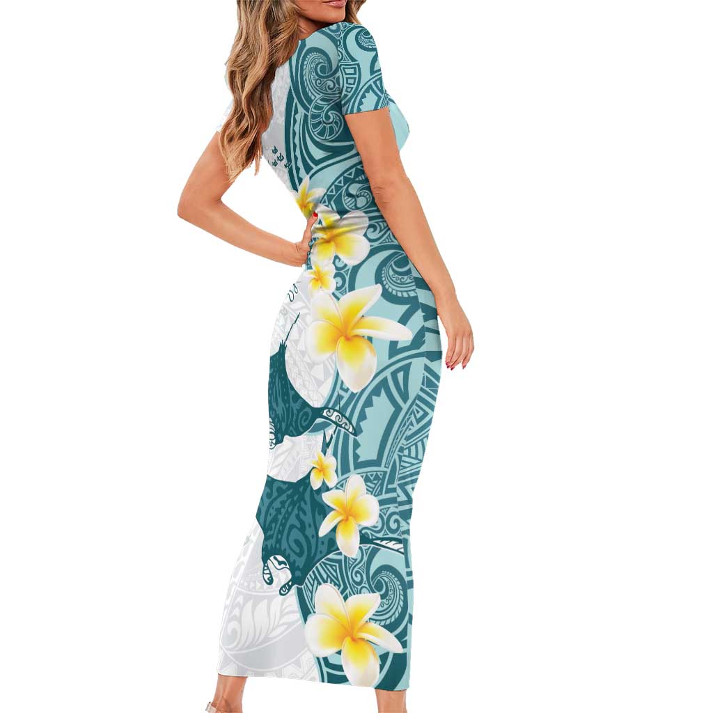 Maori Manta Ray Plumeria Teal Short Sleeve Bodycon Dress