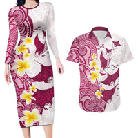 Maori Manta Ray Plumeria Royal Pink Couples Matching Long Sleeve Bodycon Dress and Hawaiian Shirt LT01 Pink - Polynesian Pride