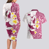 Maori Manta Ray Plumeria Royal Pink Couples Matching Long Sleeve Bodycon Dress and Hawaiian Shirt LT01 - Polynesian Pride