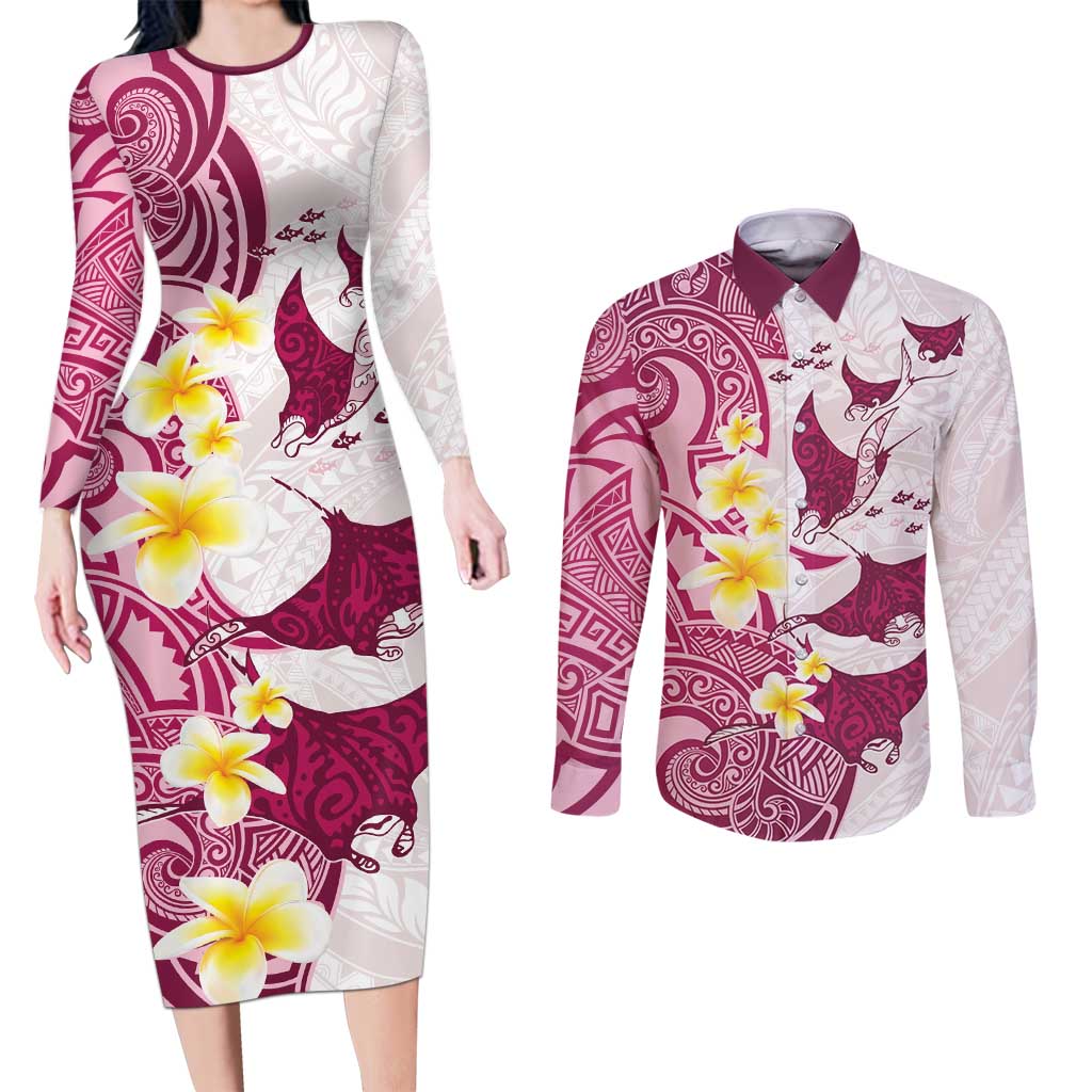 Maori Manta Ray Plumeria Royal Pink Couples Matching Long Sleeve Bodycon Dress and Long Sleeve Button Shirt LT01 Pink - Polynesian Pride